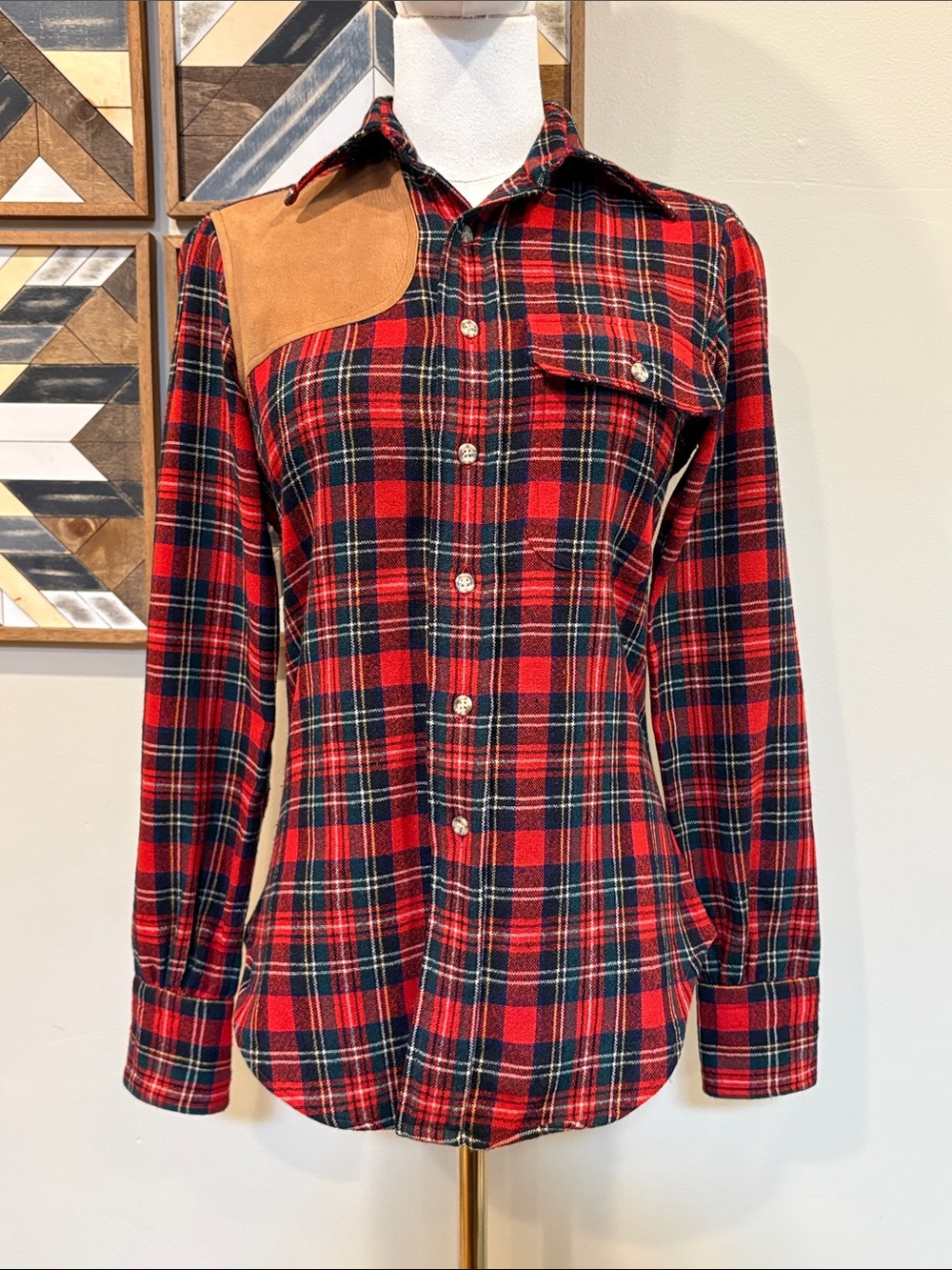 Vintage Ralph Lauren 70s Plaid Button Down Leather Patch Top size 8 *As-Is* - Picture 2 of 16